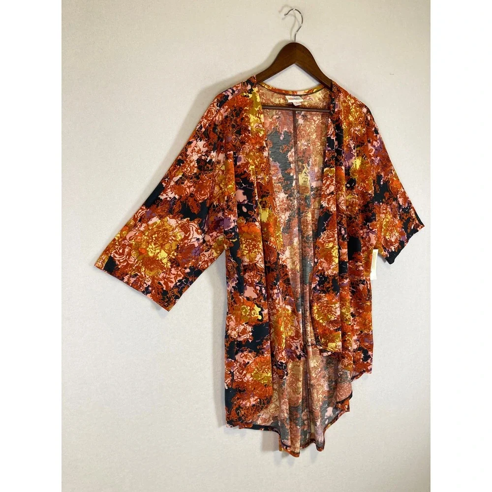 Boho Artsy LuLaRoe Women Sm Orange Floral Lindsay High Low Kimono‎ Cardigan NWT
